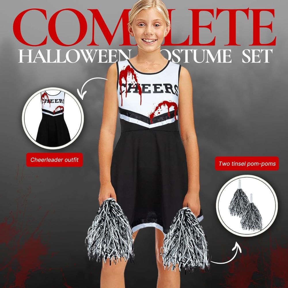 Girls Black Zombie Cheerleader Costume With Pom Poms & Fake Blood