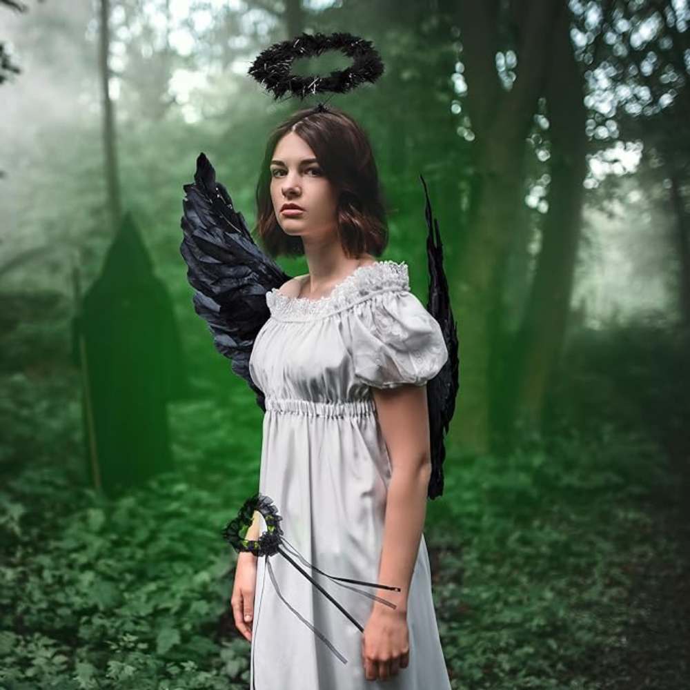 3pc Adult Black Angel Wings, Halo & Wand