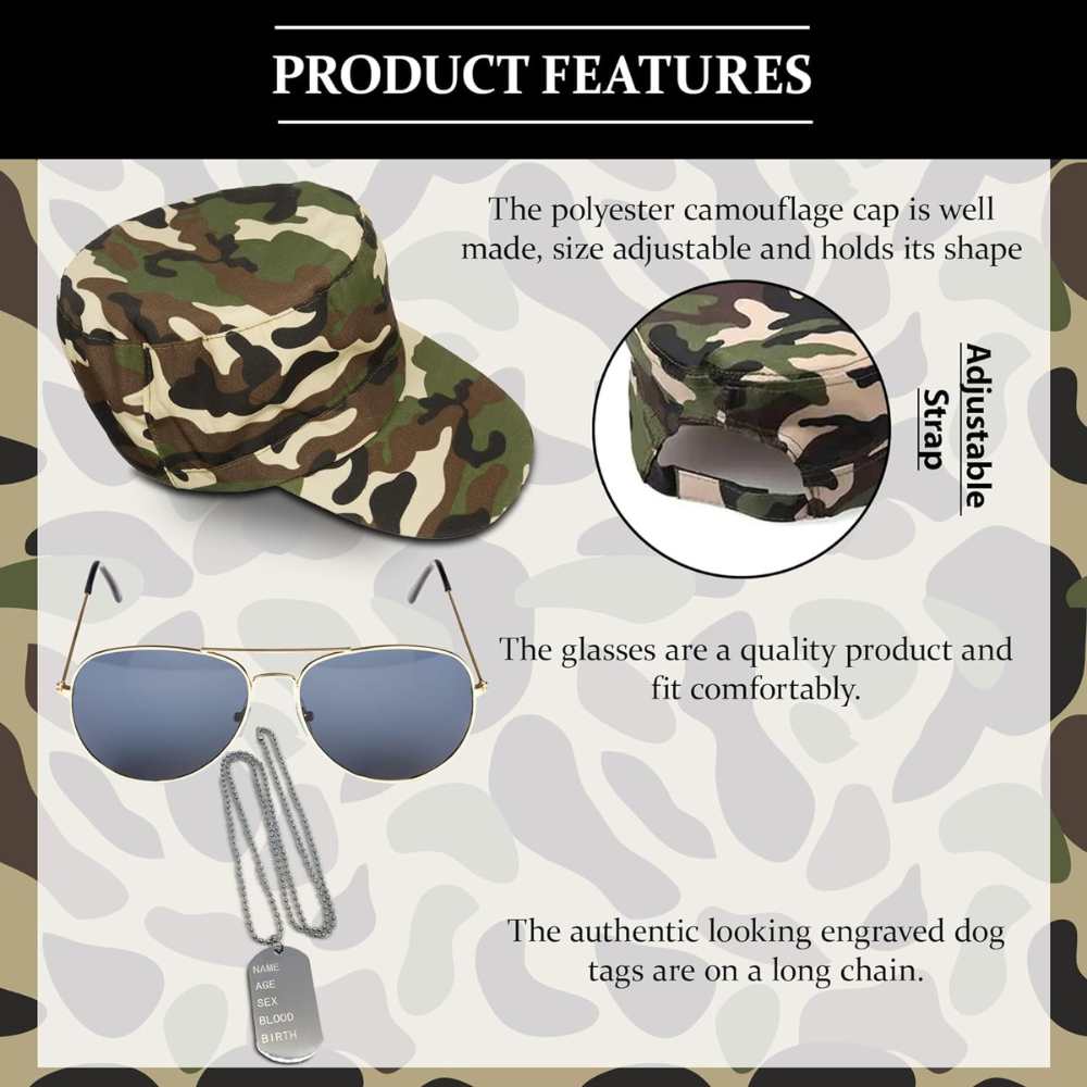 4pc Army Fancy Dress Accessories Set - Halloween Army Costume Accessories With Camo Hat, Bullet Belt, Aviator Sunglasses And Dog Tag Necklace