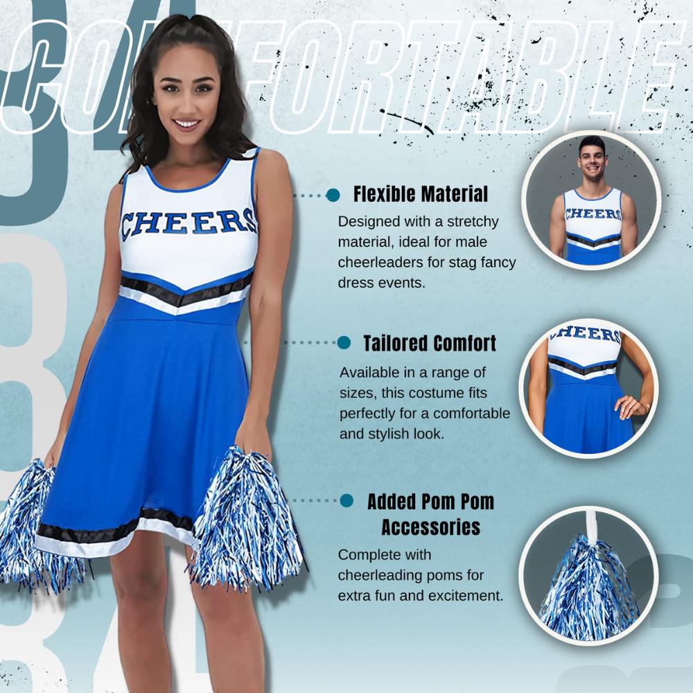 Blue Cheerleader Costume & Cheerleading Pom Poms Redstar Fancy Dress Blue Cheerleader Costume & Cheerleading Pom Poms Redstar Fancy Dress