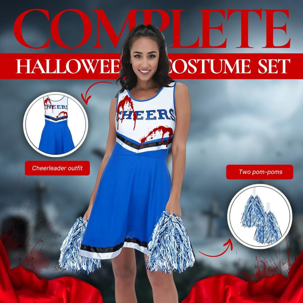 Blue Zombie Cheerleader Costume With Pom Poms Fake Blood