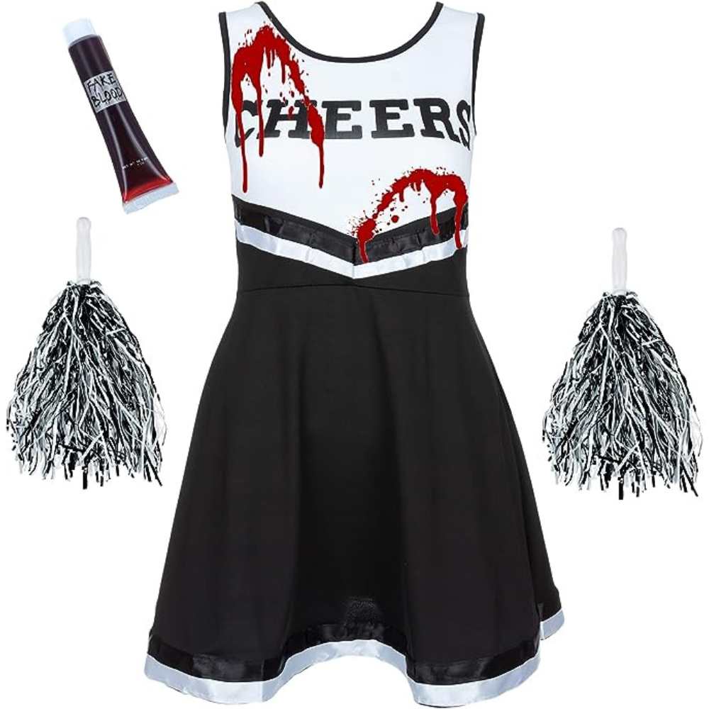 Girls Black Zombie Cheerleader Costume With Pom Poms Fake Blood Redstar Fancy Dress