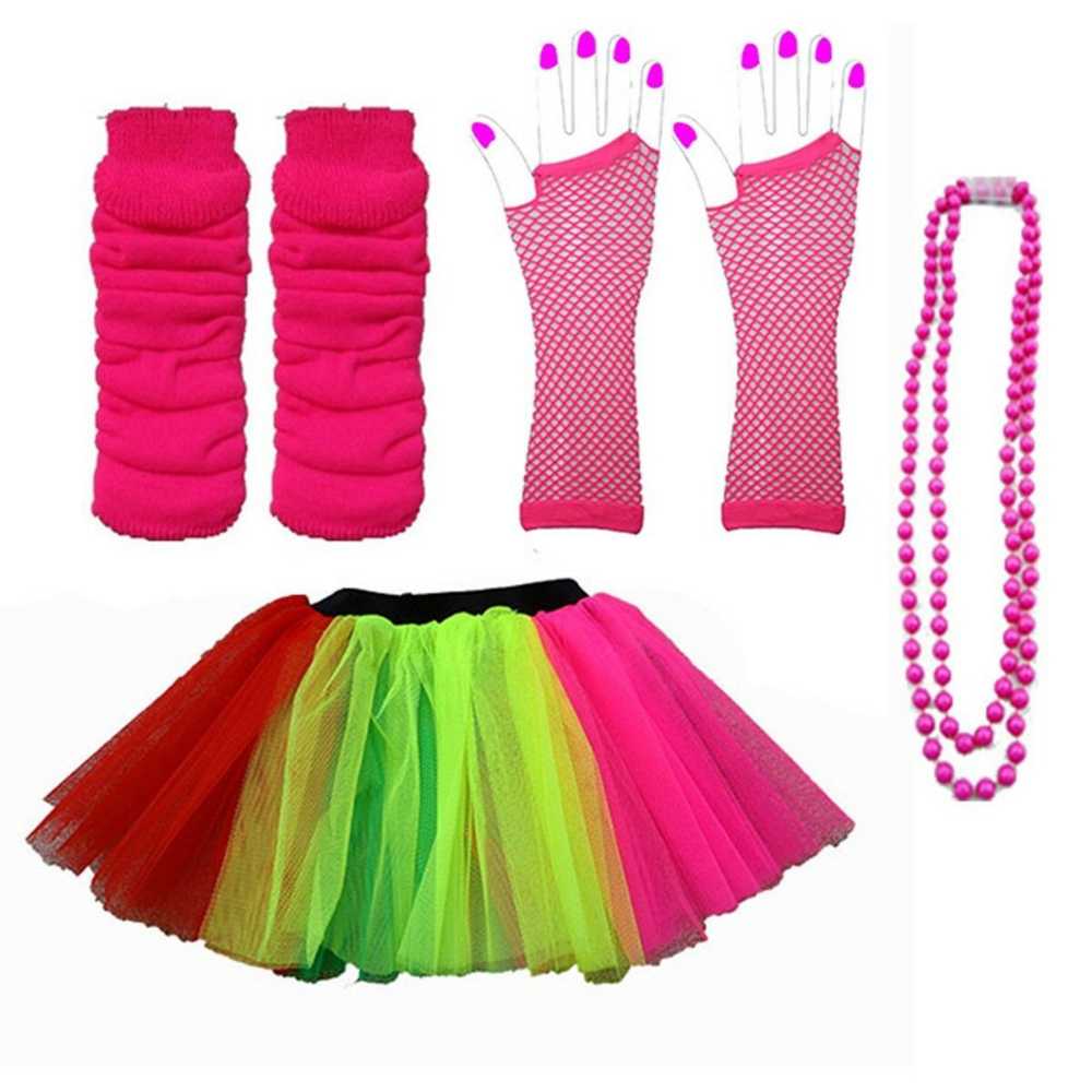 Women's Neon Tutu Skirt, Leg Warmers, Fishnet Gloves Necklace Beads