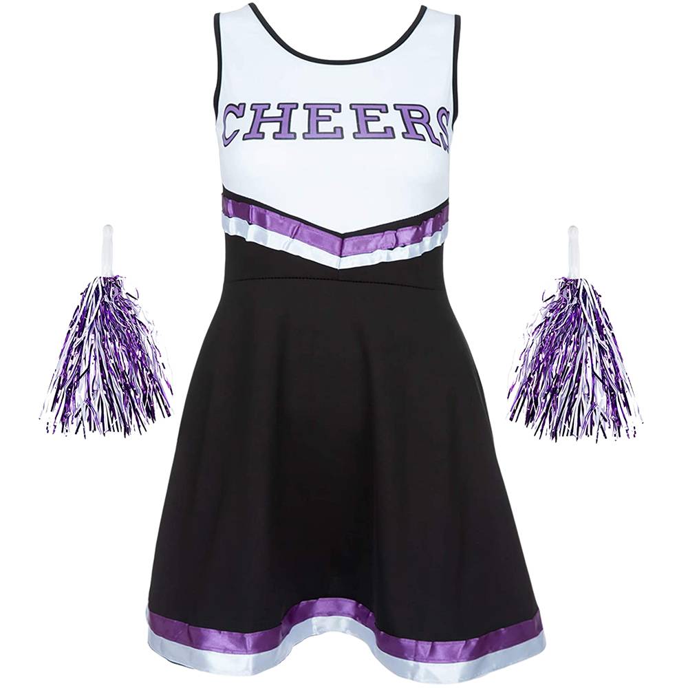 Purple Cheerleader Outfit & Cheerleader Pom Poms - Fancy Dress Costume ...