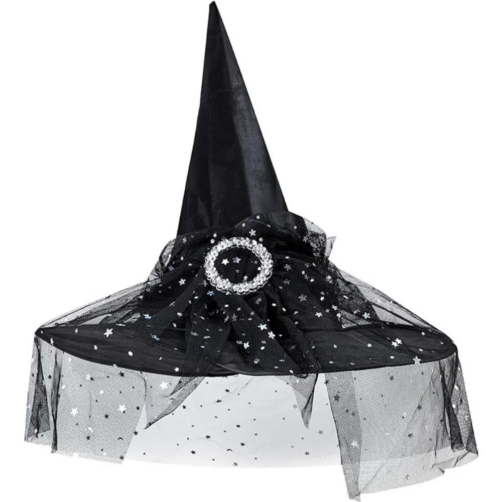 42pc Witch Theme Cake Toppers Set - Pink & Green Balloons, Silver Crown, Black Hat For Halloween & Parties