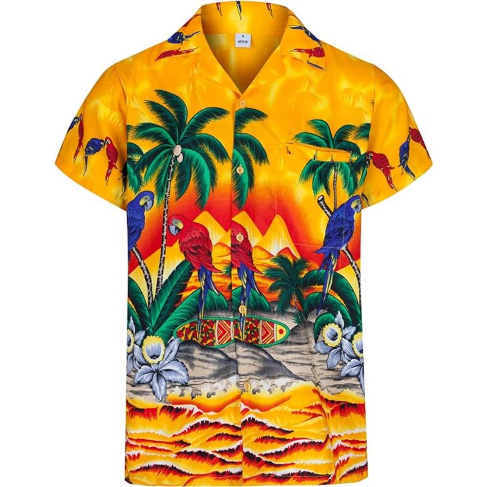 Yellow Vintage Hawaiian Shirt Parrot Print Beachwear Redstar Fancy Dress
